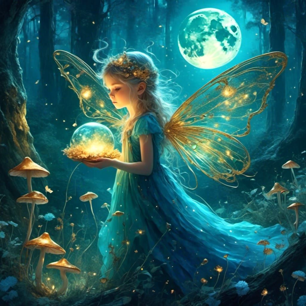 Fairy with Blue Wings in Mushroom Forest