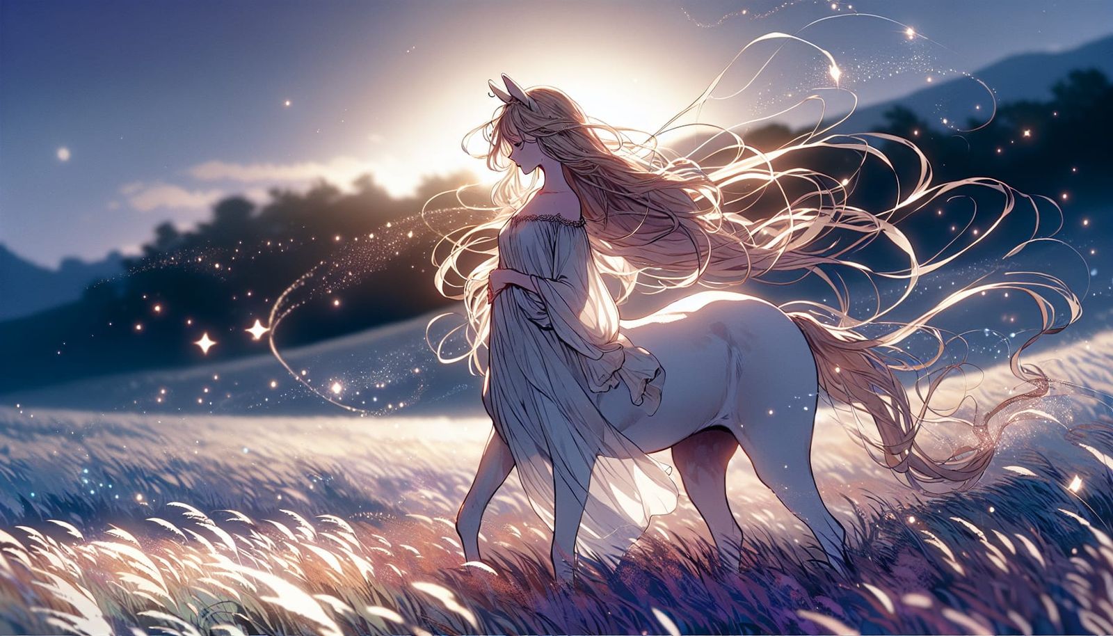 Anime Centaur in Windswept Meadow at Dawn