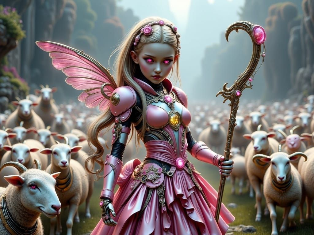 Cyborg Little Bo Peep in Neon Futurism Style