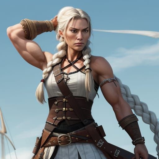 Muscular Pirate Captain with Long White Braid and Grappling ...