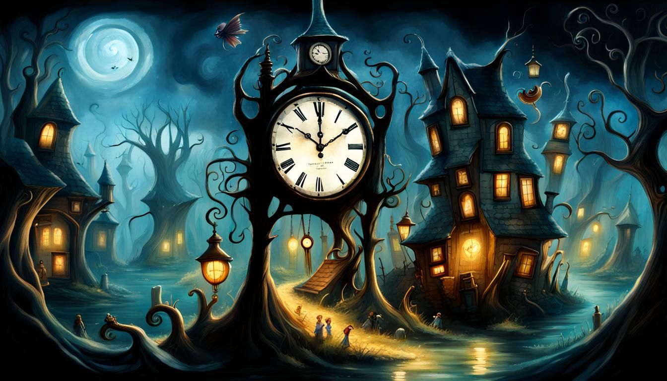 Haunted Clock in Cursed Realm: Dreamscape Ink Illustration