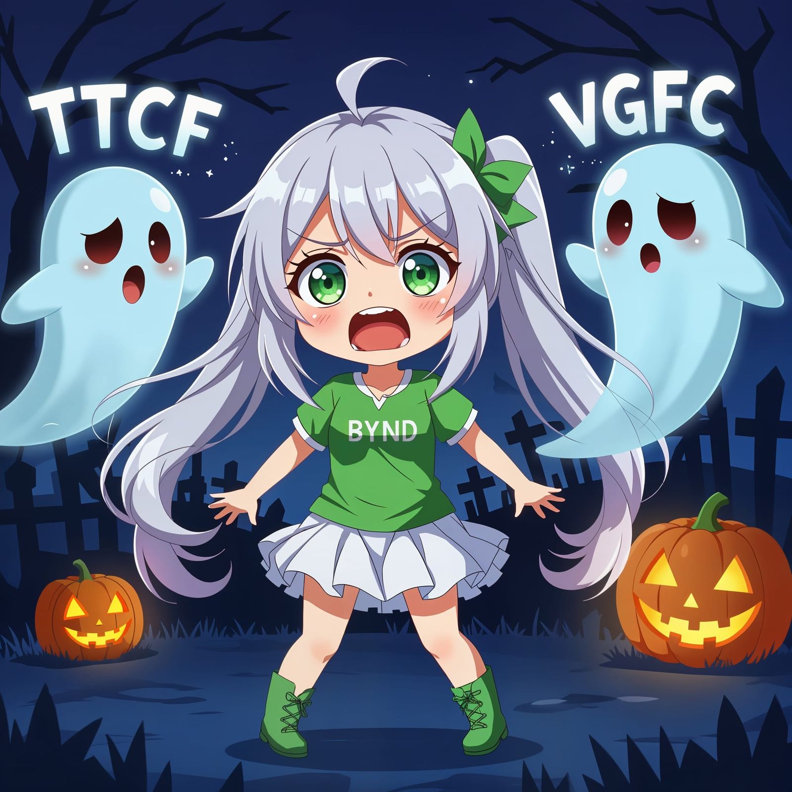 Chibi Anime Girl Haunted by Ghosts in Starry Night Park