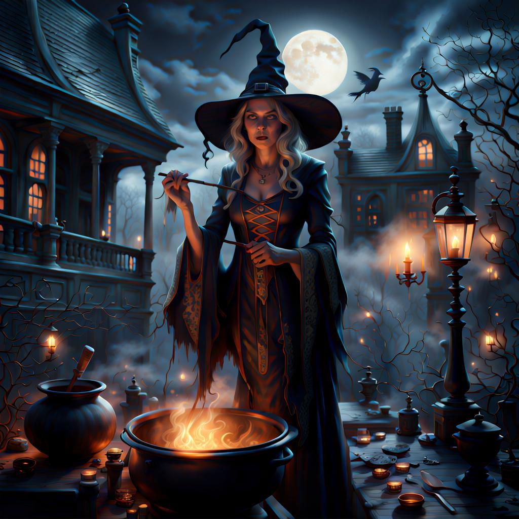 Enchanting Witch Brews Elixir Under Haunted Moonlight