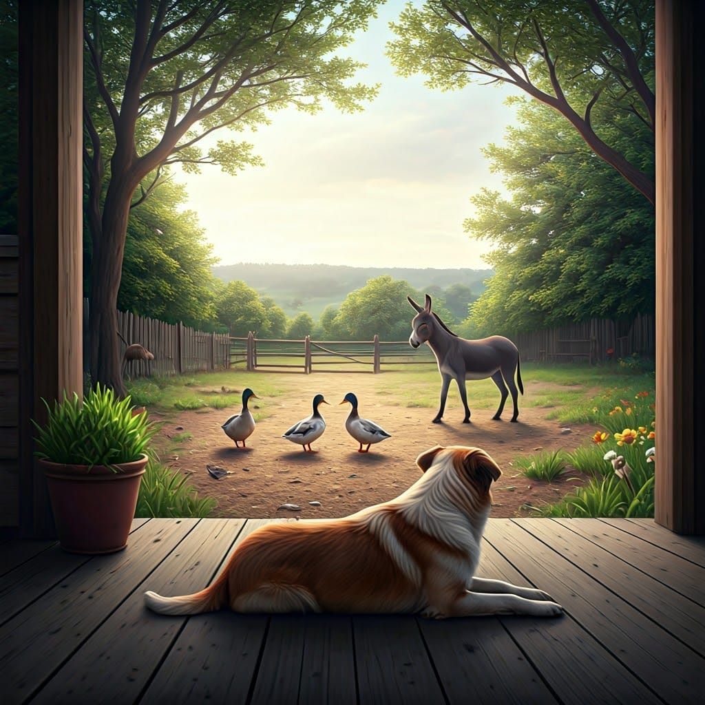 Soothing Country Scene with Donkey and Duck Friends