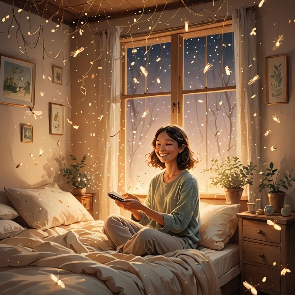 Cozy Bedroom Scene with Fireflies in Fantasy Realism