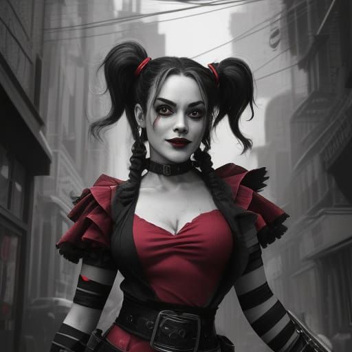 Vibrant Red Jester Queen Posing in Gotham City Streets