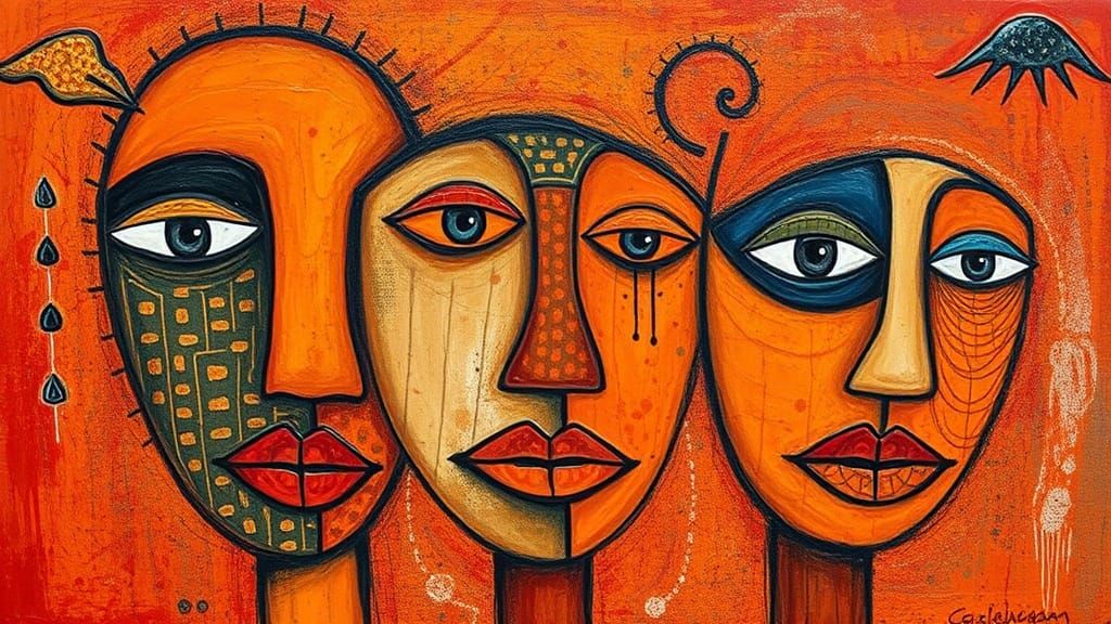 Energetic Aboriginal Art with Abstract Faces in Orange Oil