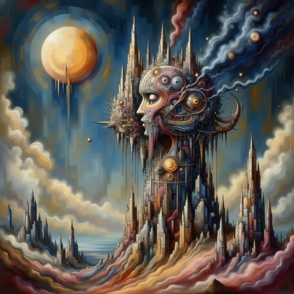 Surreal Abstragony Landscape with Melting Moon in Hyper-Maxi...