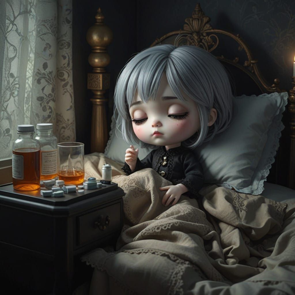 Gothic Chibi Doll Succumbs to Fever in a Dramatic Digital Pa...