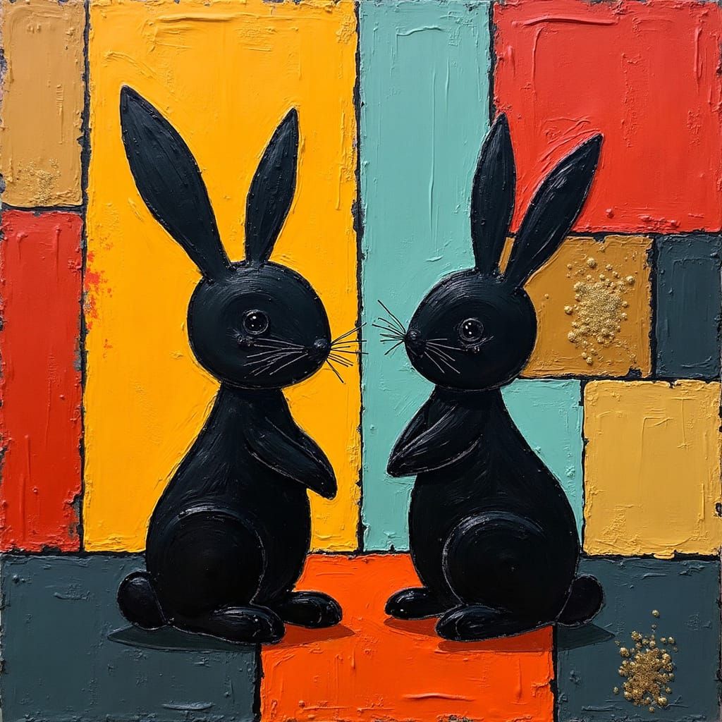 Chibi Black Rabbits on Impasto Cubist Background