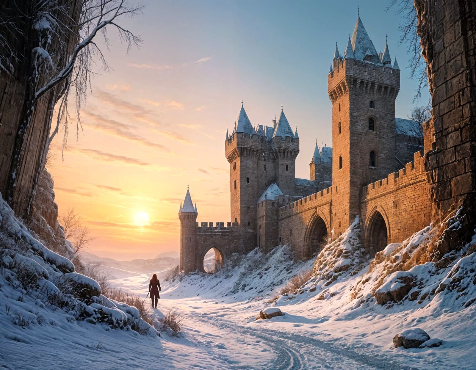 Horsemen Approach Blood-Red Sunrise Over Snowy Castle