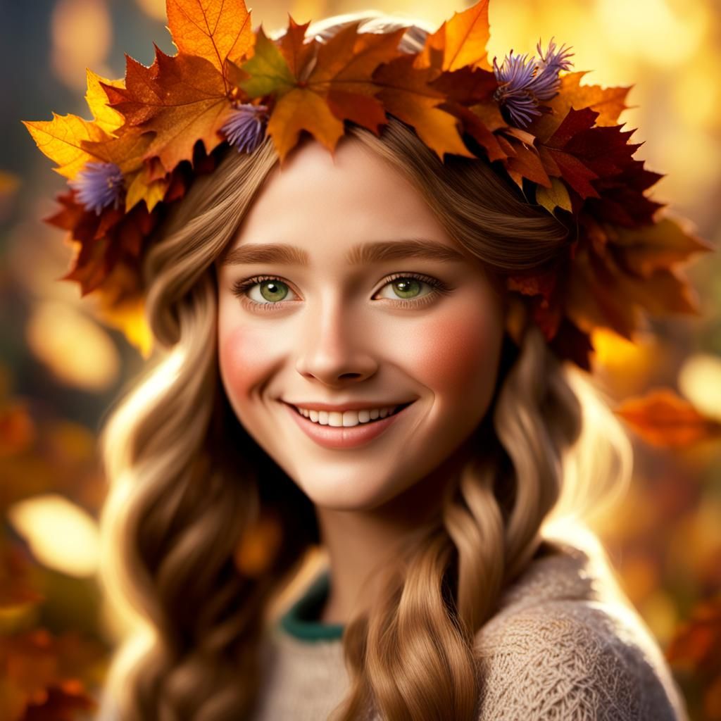 Girl with Autumn Wreath, Dreamy Digital Painting