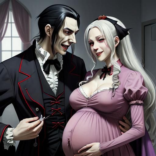 Happy Dracula and Pregnant Wife in Anime Style