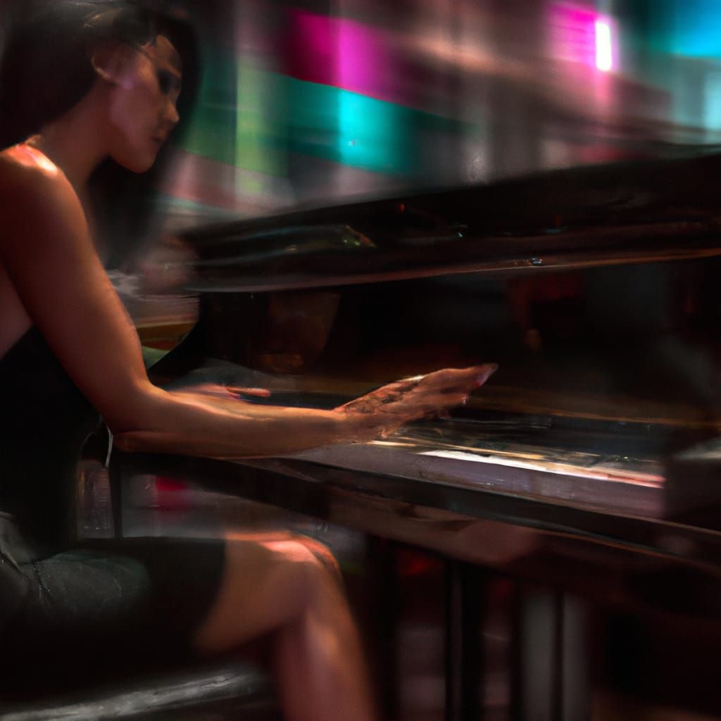 Beautiful woman in evening dress playing a grand piano in a seedy jazz club full of people Epic cinematic brilliant stun...