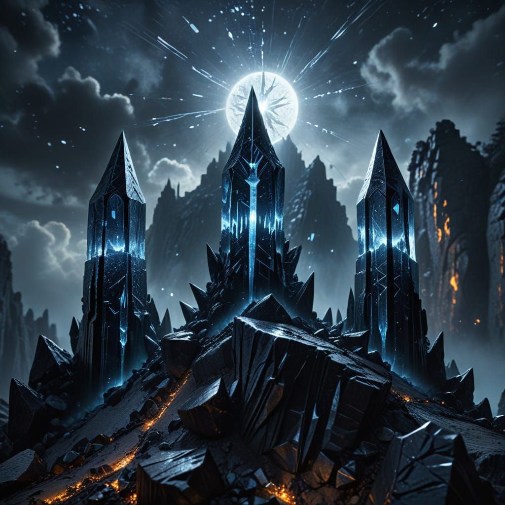 Obsidian Spires with Silver Runes in Dark Fantasy Art