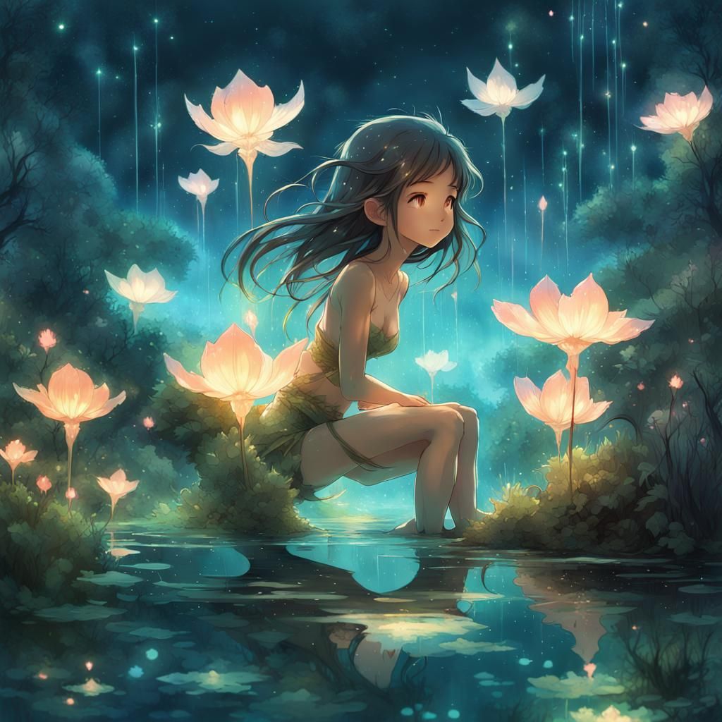 Enchanting Mermaid in Bioluminescent Lake: Anime Style