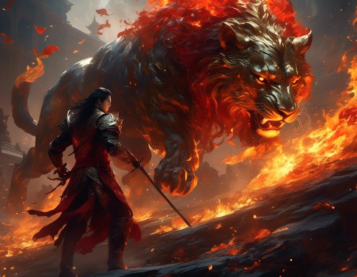 Fiery Lion Rider Battles On Gothic Battlefield