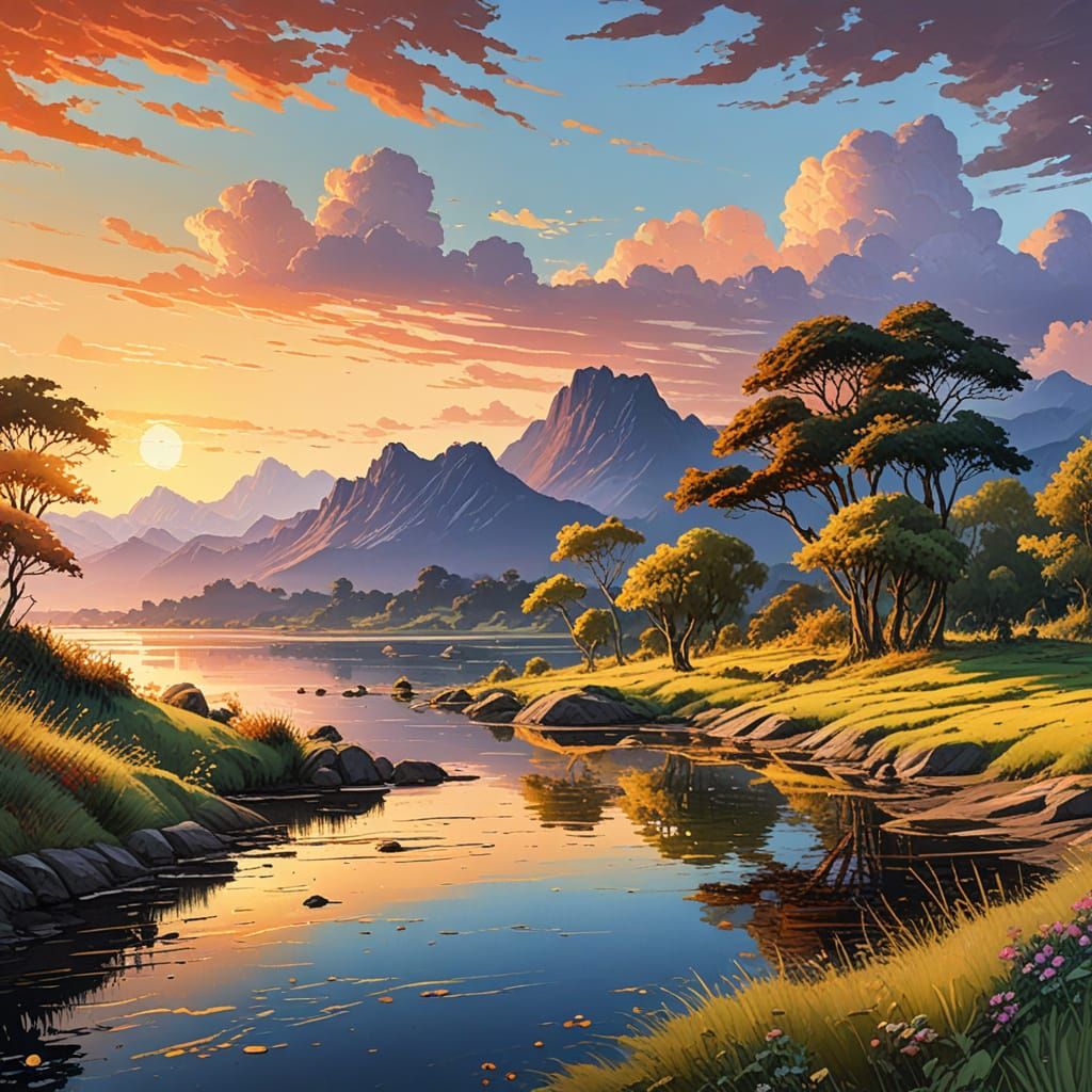 Island at Dawn in Gouache Impressionism