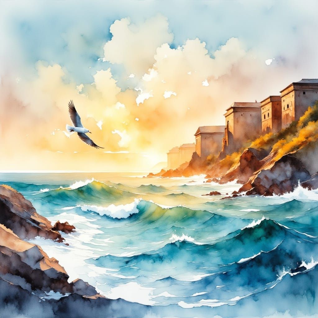 Vibrant Watercolor Seagull in Golden Hour