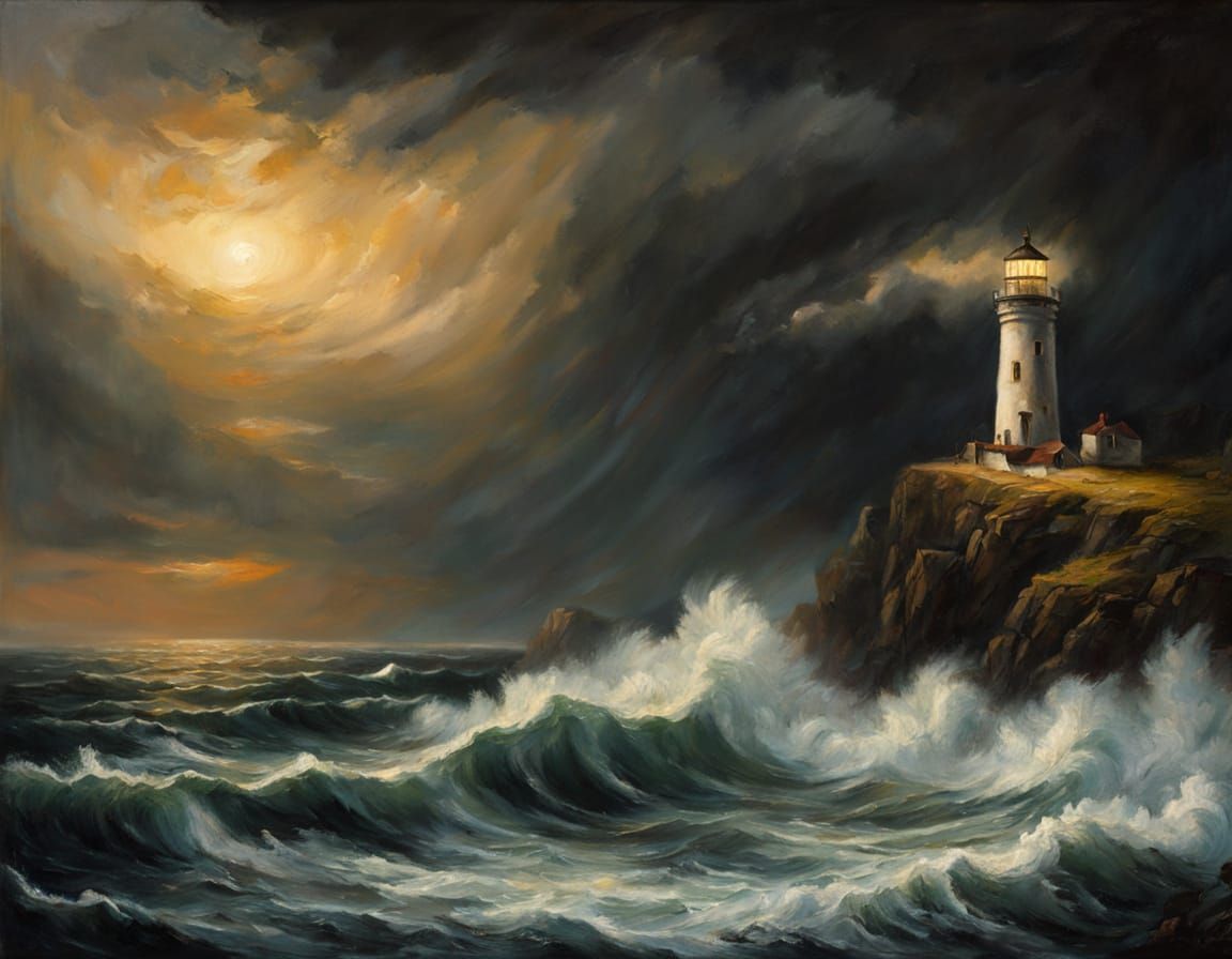 Lighthouse in Stormy Seas: An Impressionist Oil Painting