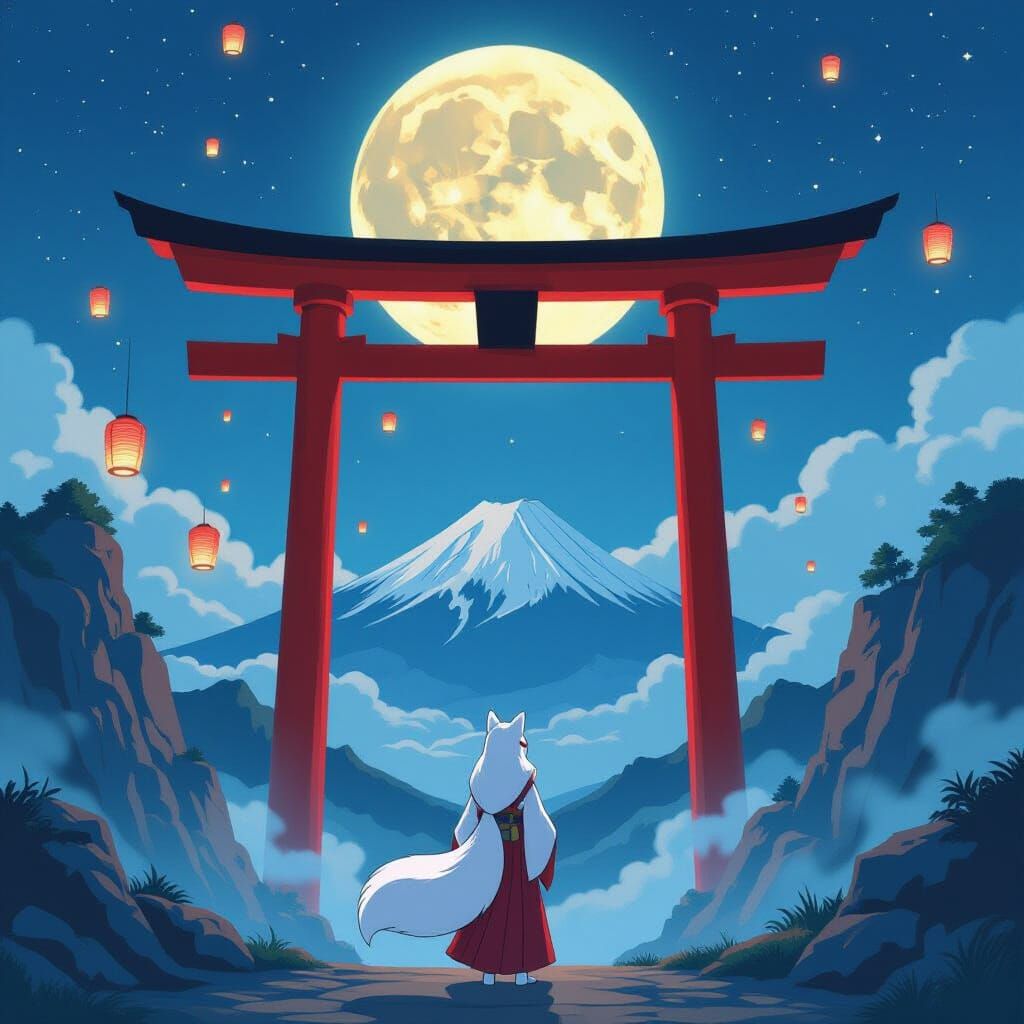 Anime Priestess Under Torii Gate with Full Moon