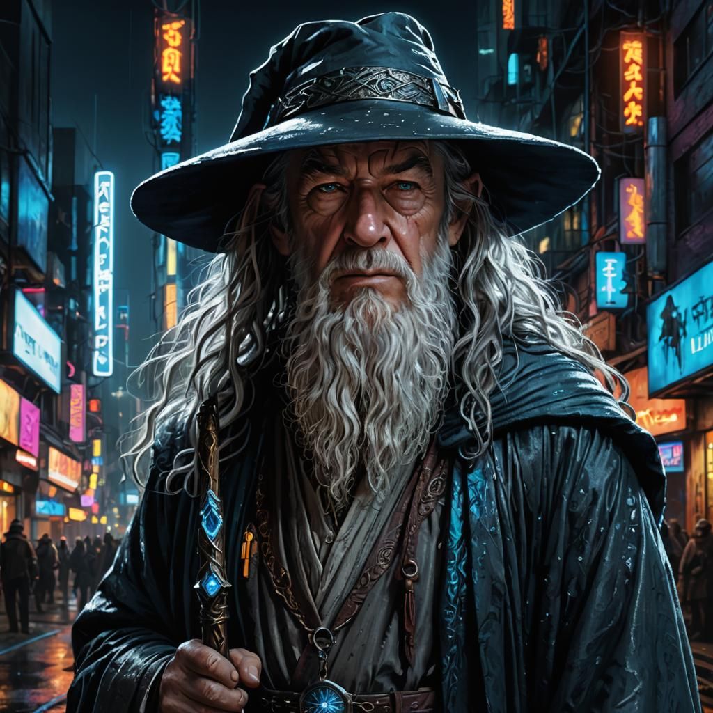 Cyberpunk Gandalf Portrait in Neon Cityscape