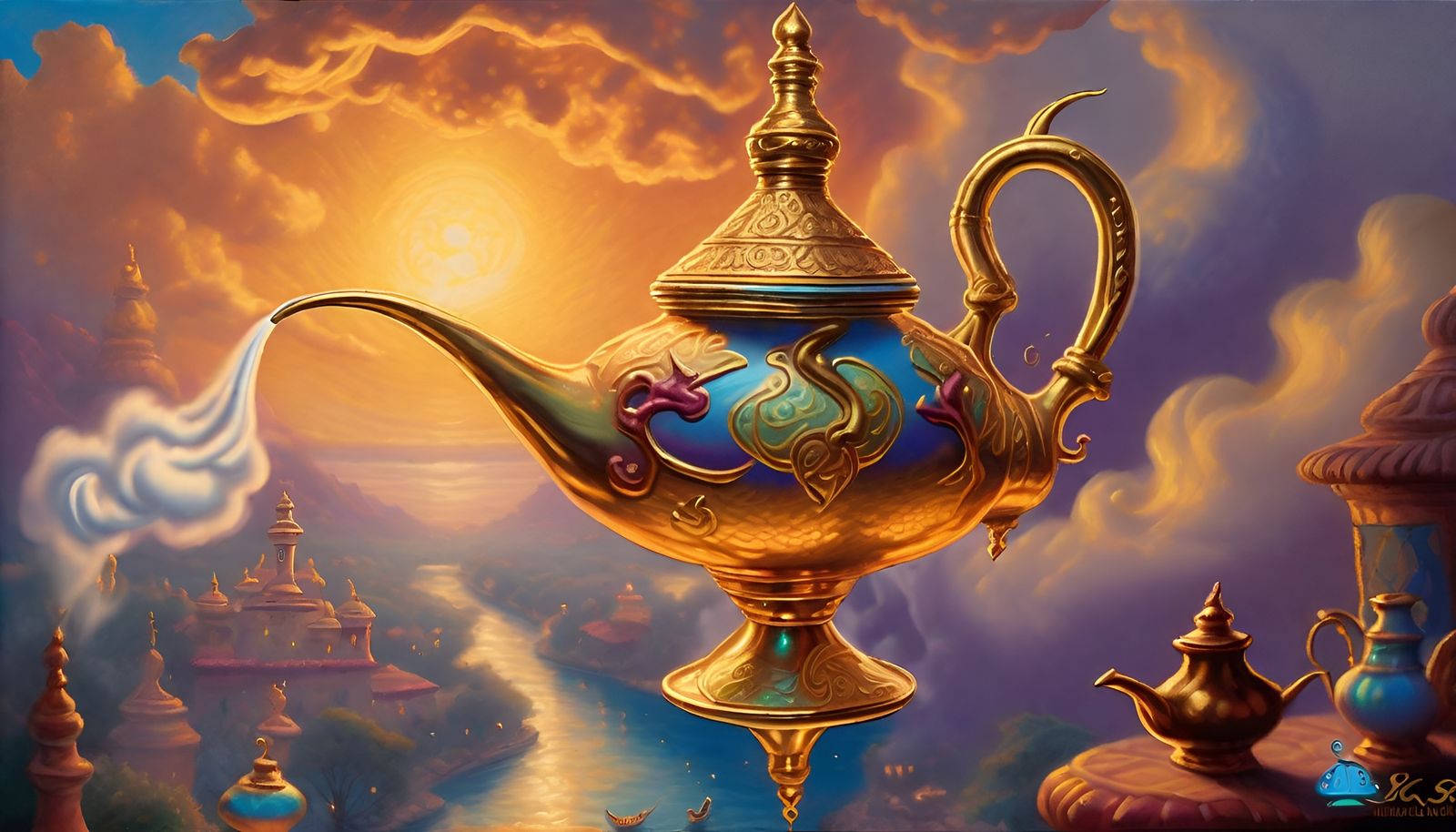 Fantastical Genie Emerges from Aladdin's Lamp