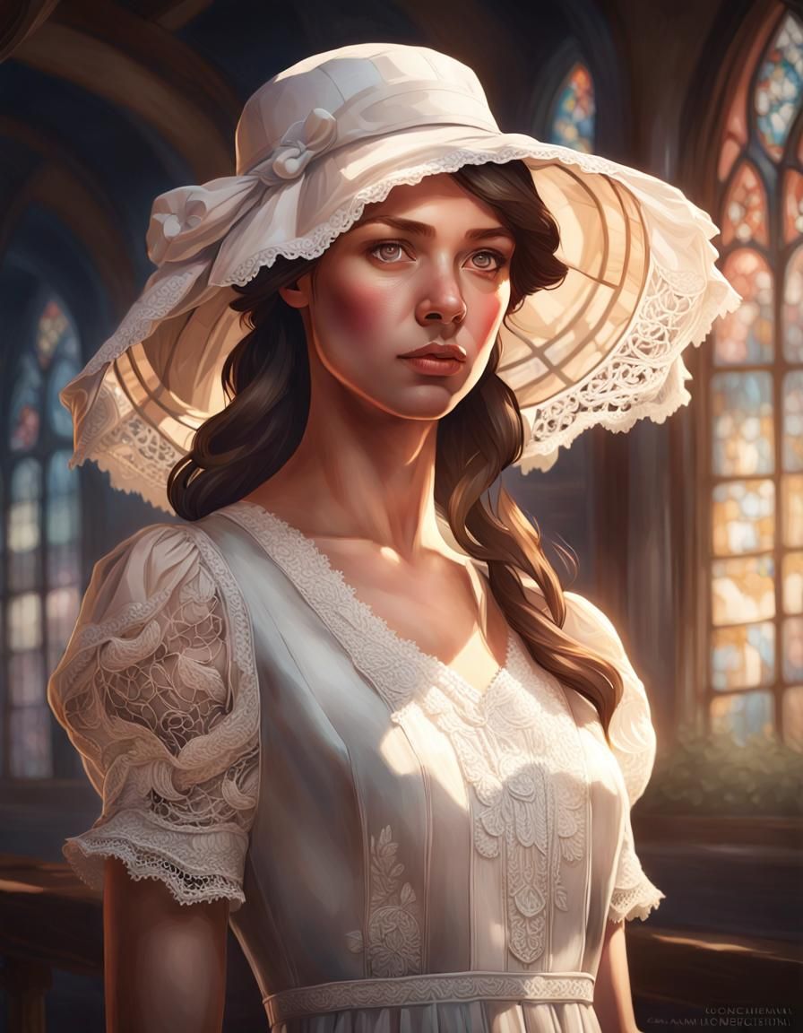 Girl in Lace and Cap: Digital Art Portrait