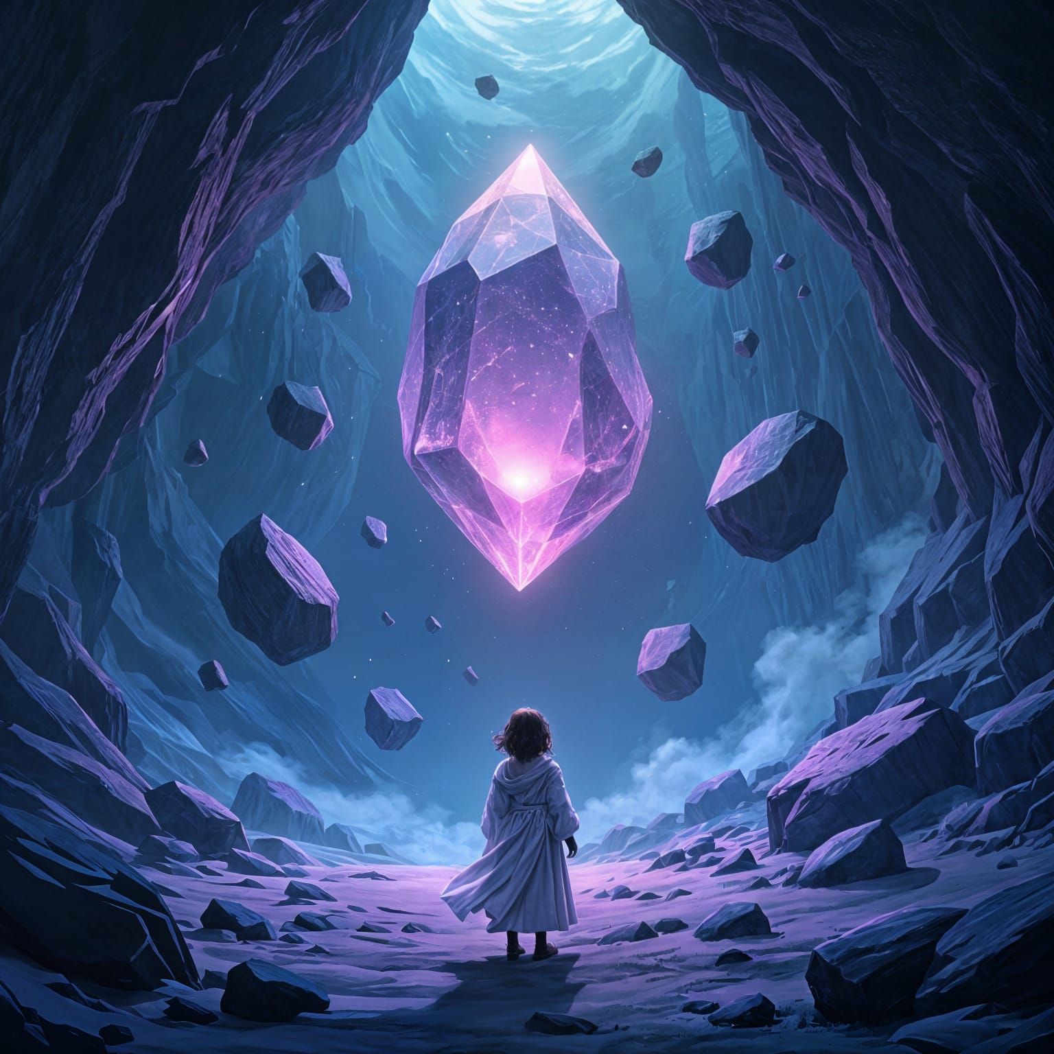 Child Mage Levitation in a Glowing Cave