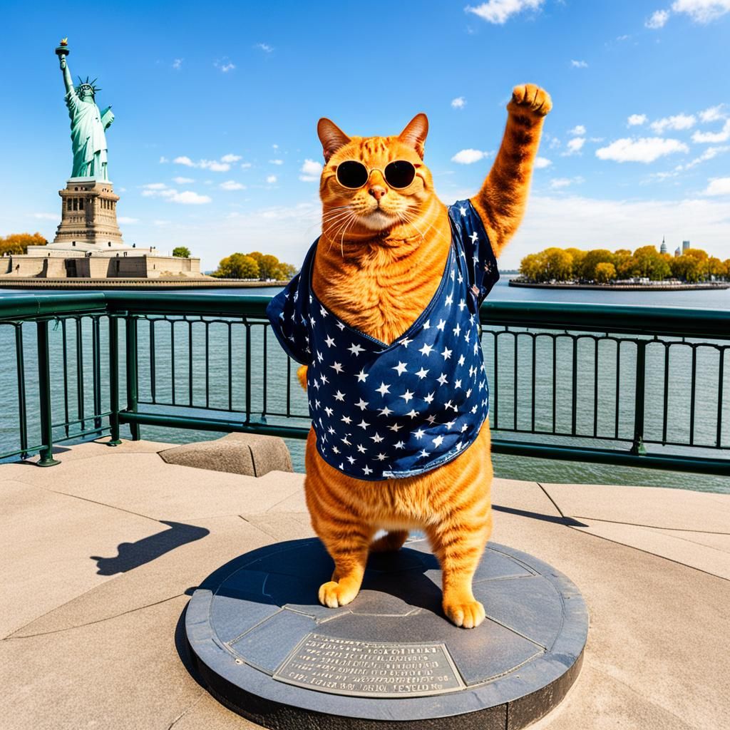 Orange Cat Vacationing at Statue of Liberty