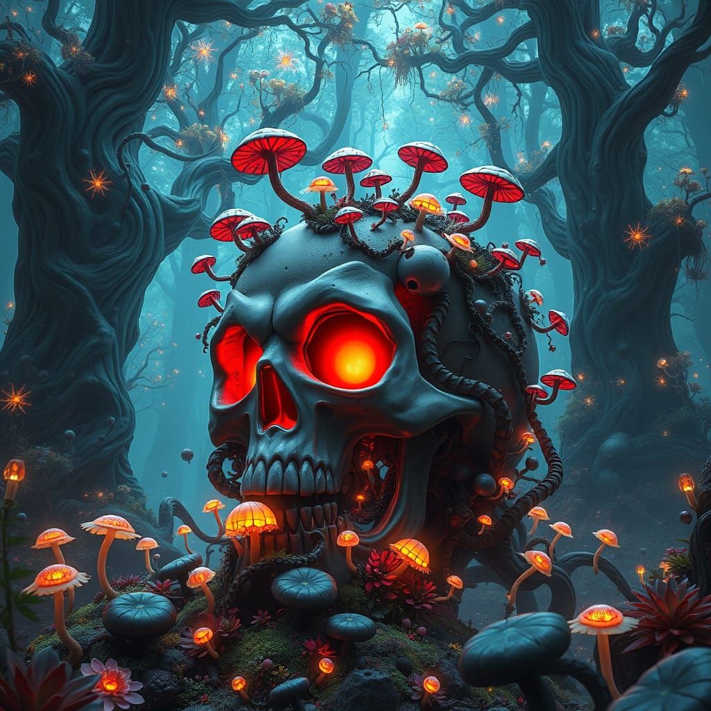 Surreal Skull Vehicle in Vibrant, Dreamlike Forest