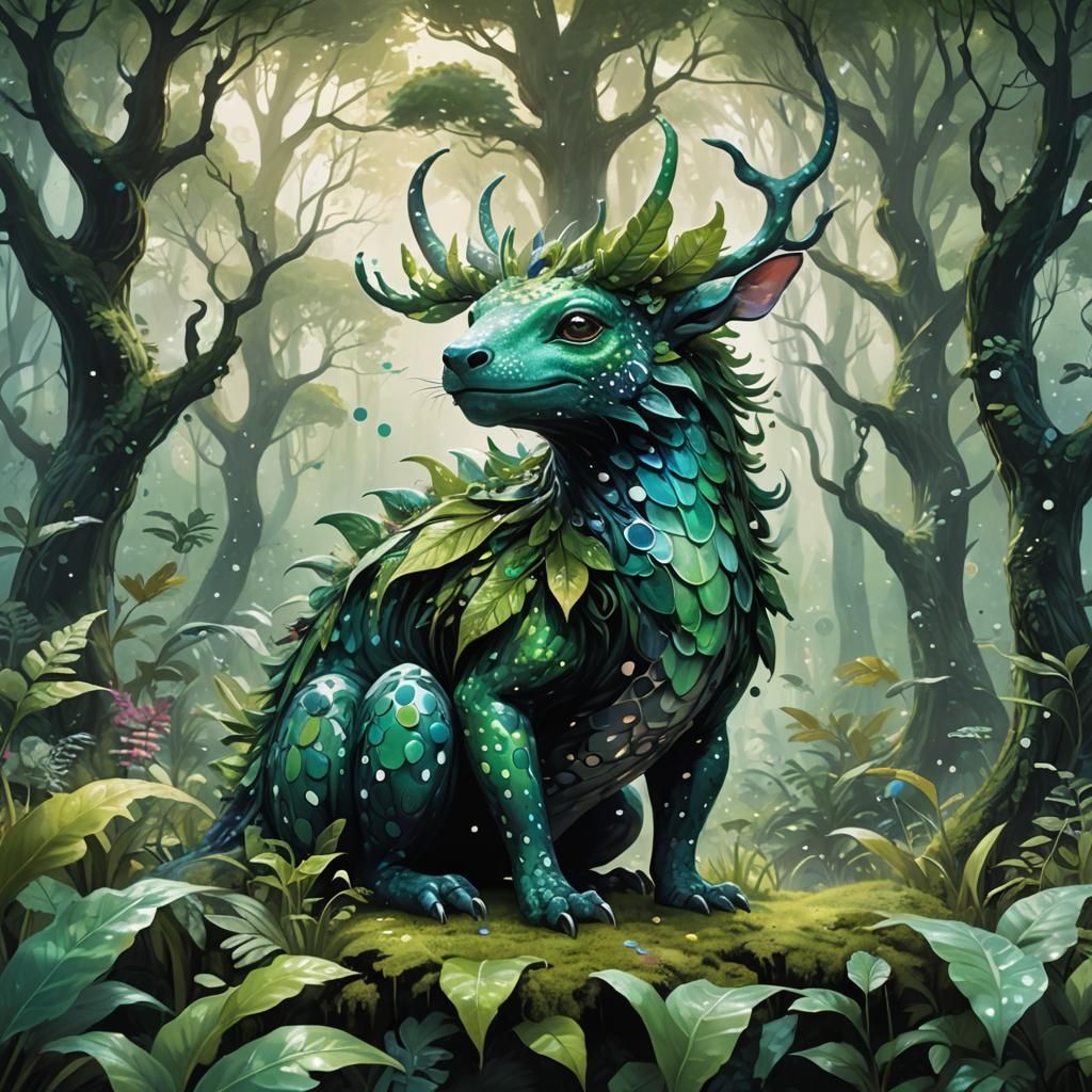 Whimsical Polka Dot Creature in Emerald Forest