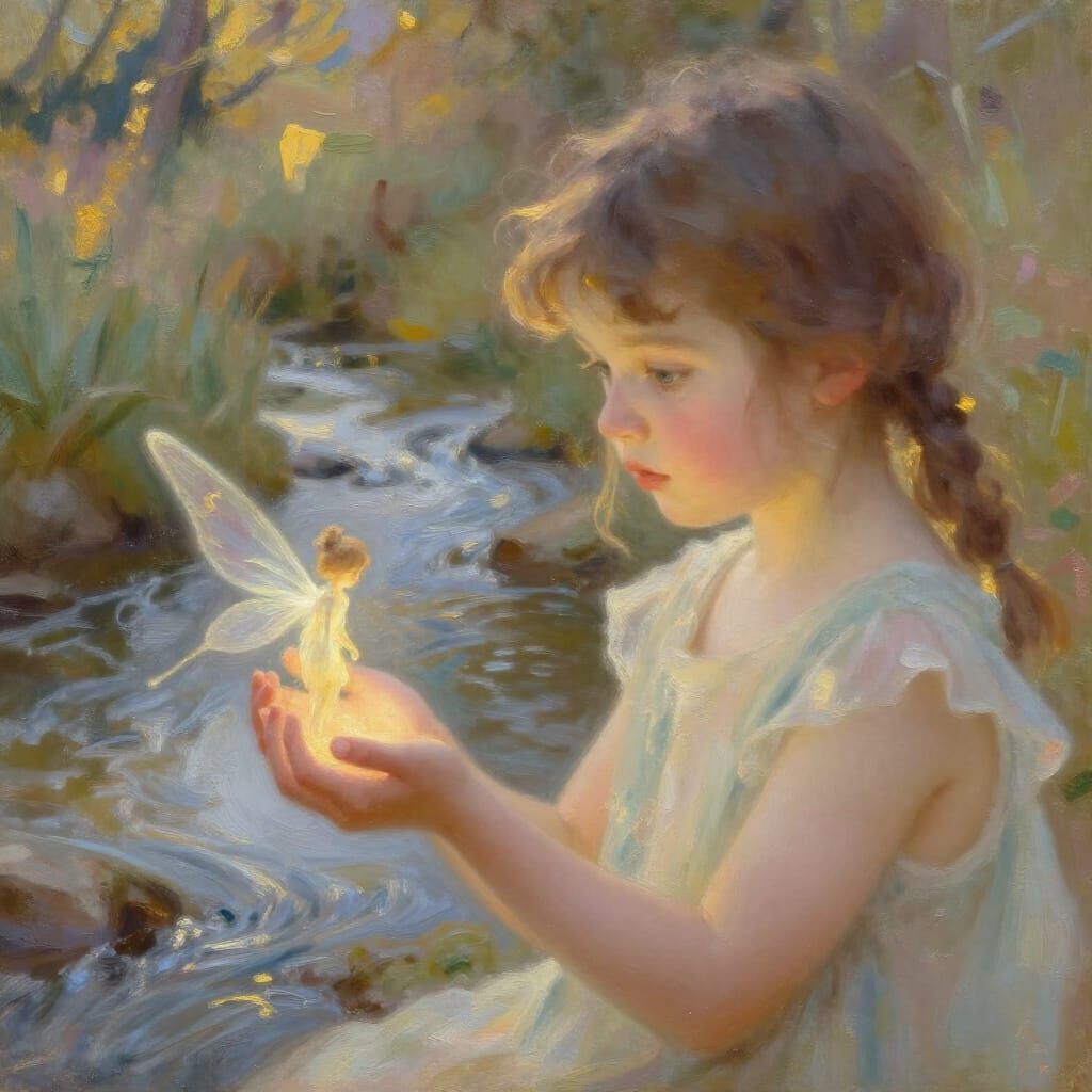 Child's Hand Held by Fairy by Stream at Golden Hour