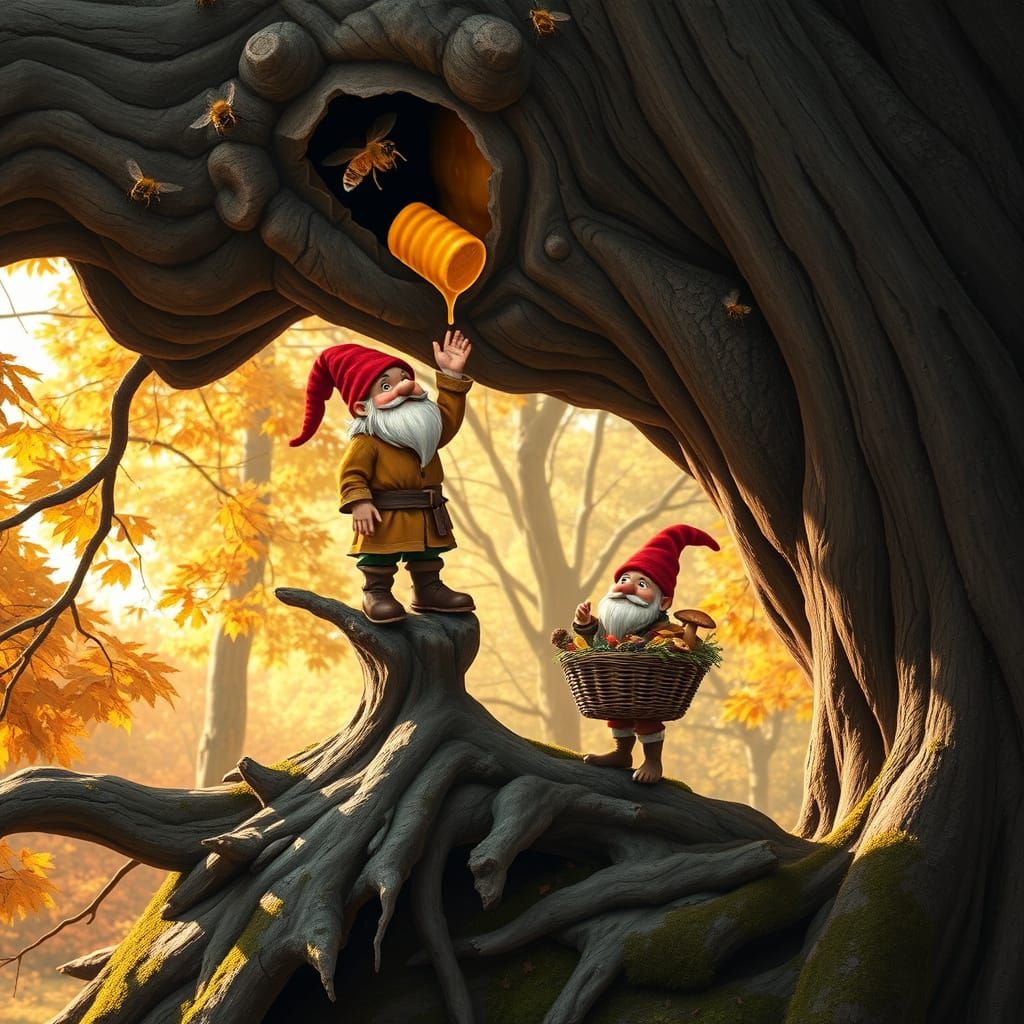 Gnome Honey Harvest in Forest Sunlight