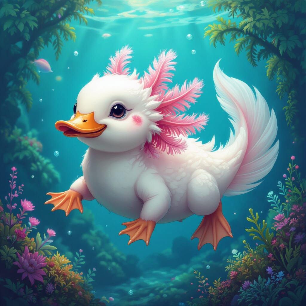 Whimsical Duck-Axolotl Hybrid in Bioluminescent Garden