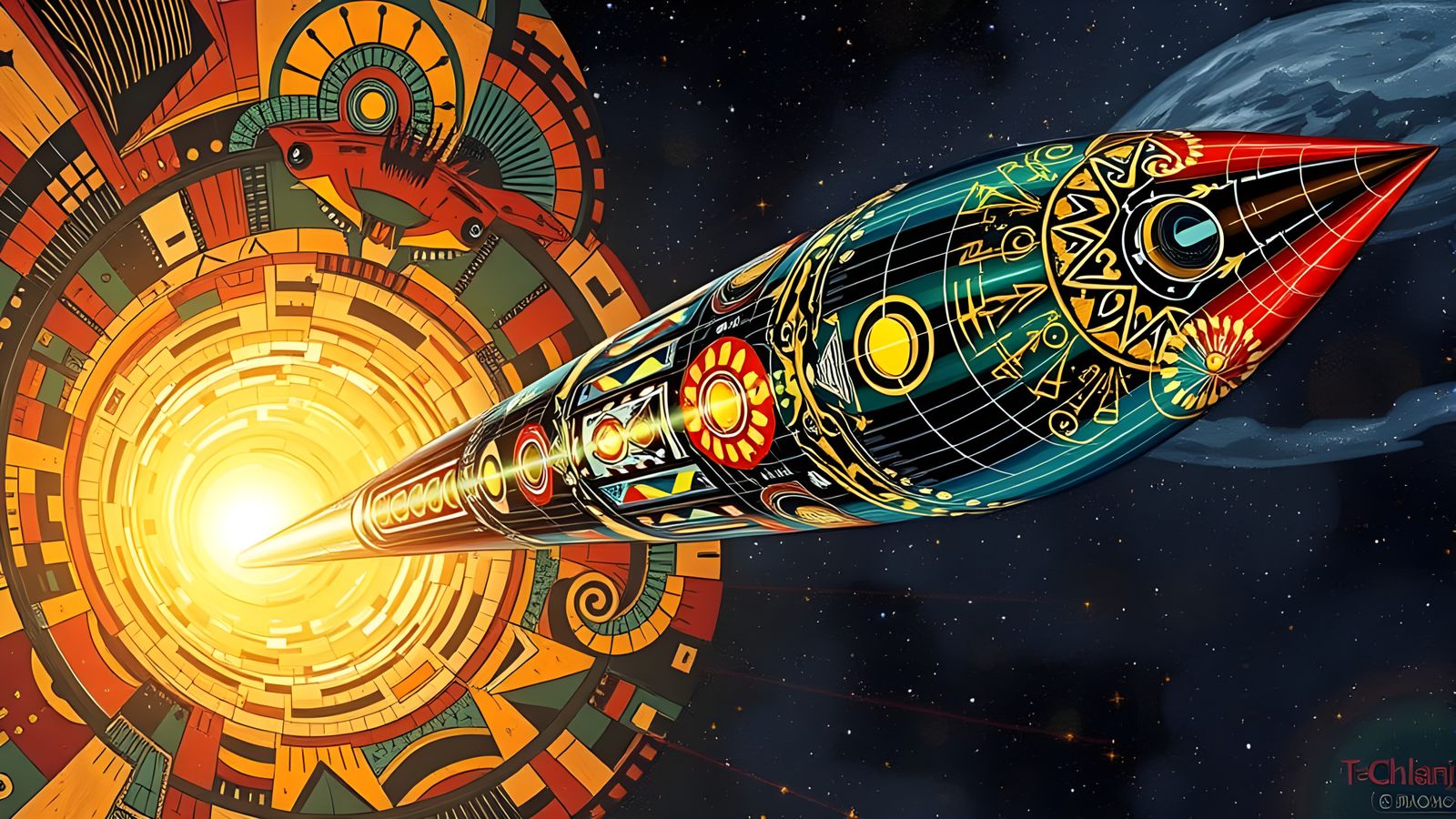 Gustav Klimt-Inspired Cosmic Vessel in Plasma Vortex