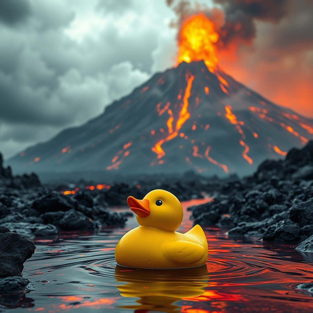 Surreal Scene of Yellow Rubber Duck on Lava River with Erupt...