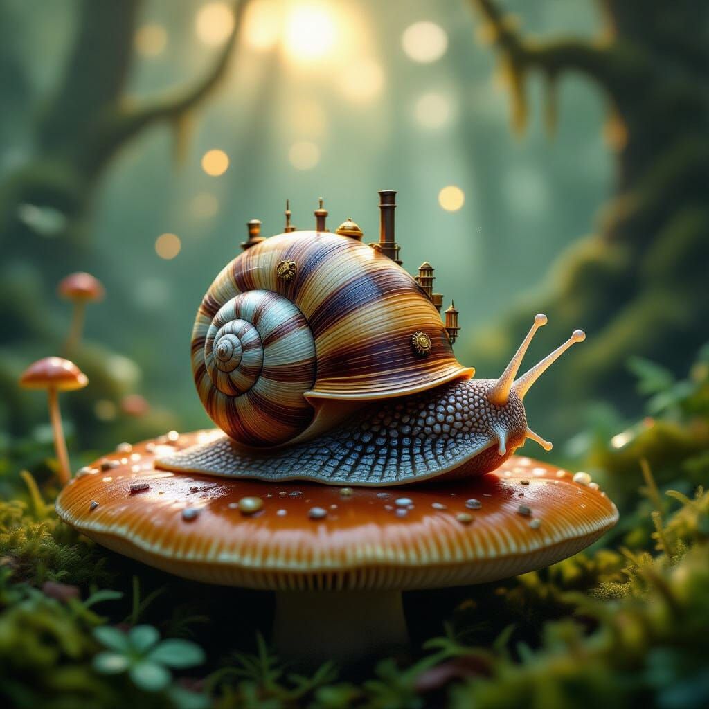 Steampunk Snail City on Mushroom in Enchanted Forest