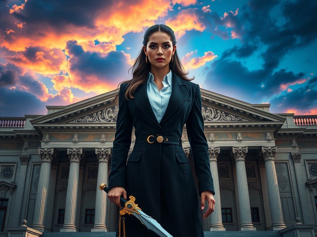 Justitia, Roman Goddess of Justice, in Front of Modern Court...