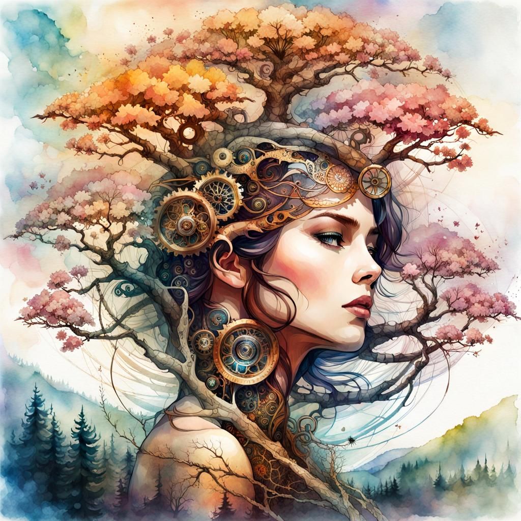 Dogwood Hawk Tree Double Exposure Digital Watercolor