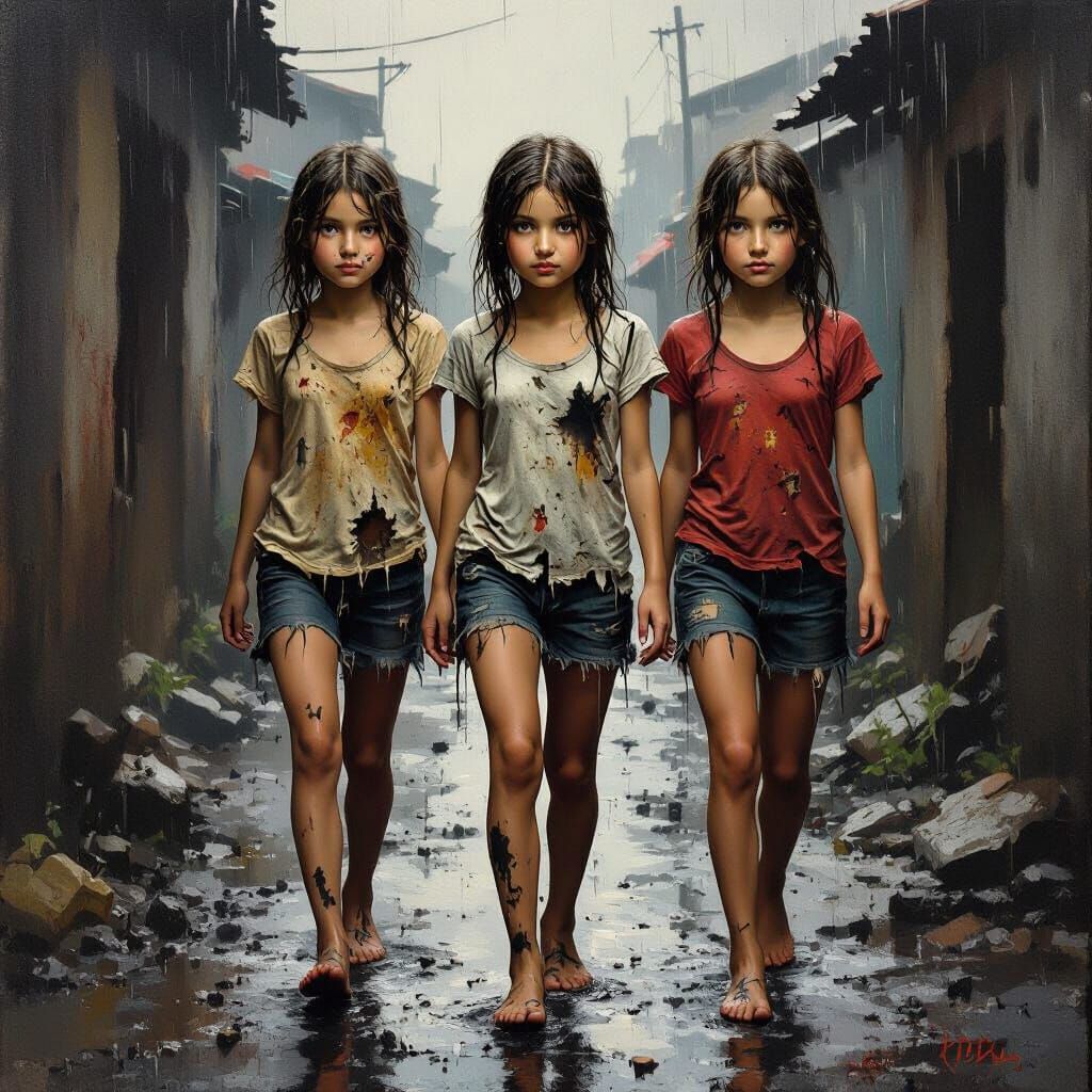 Resilient Girls in Slum on Rainy Day