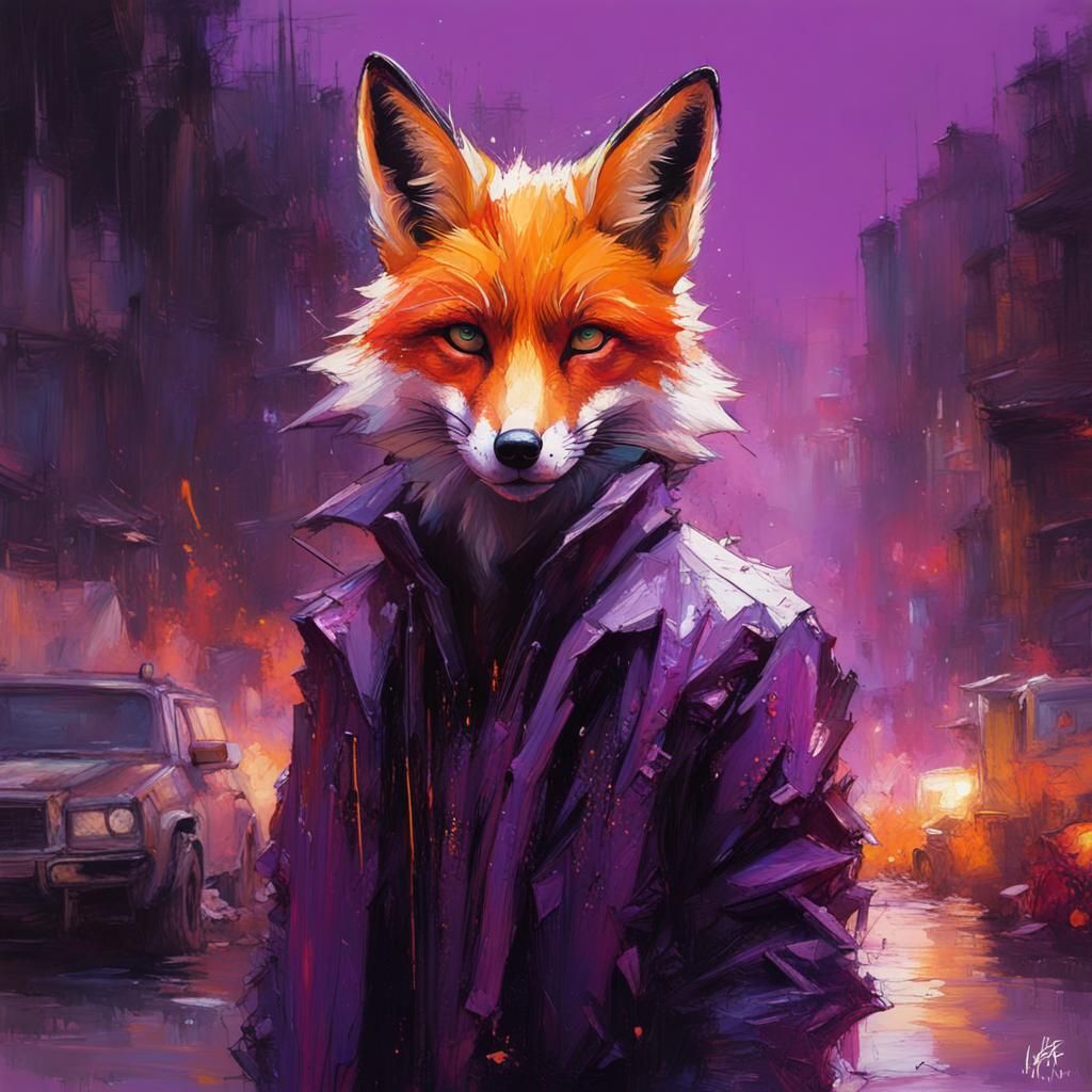 Fiery Purple Fox Portrait in Detailed Matte Painting