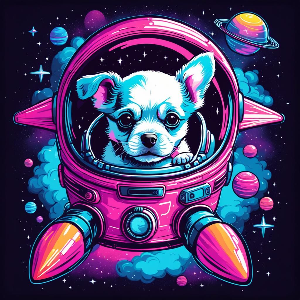 Cute Puppy in Space Rocket: Synthwave Neon