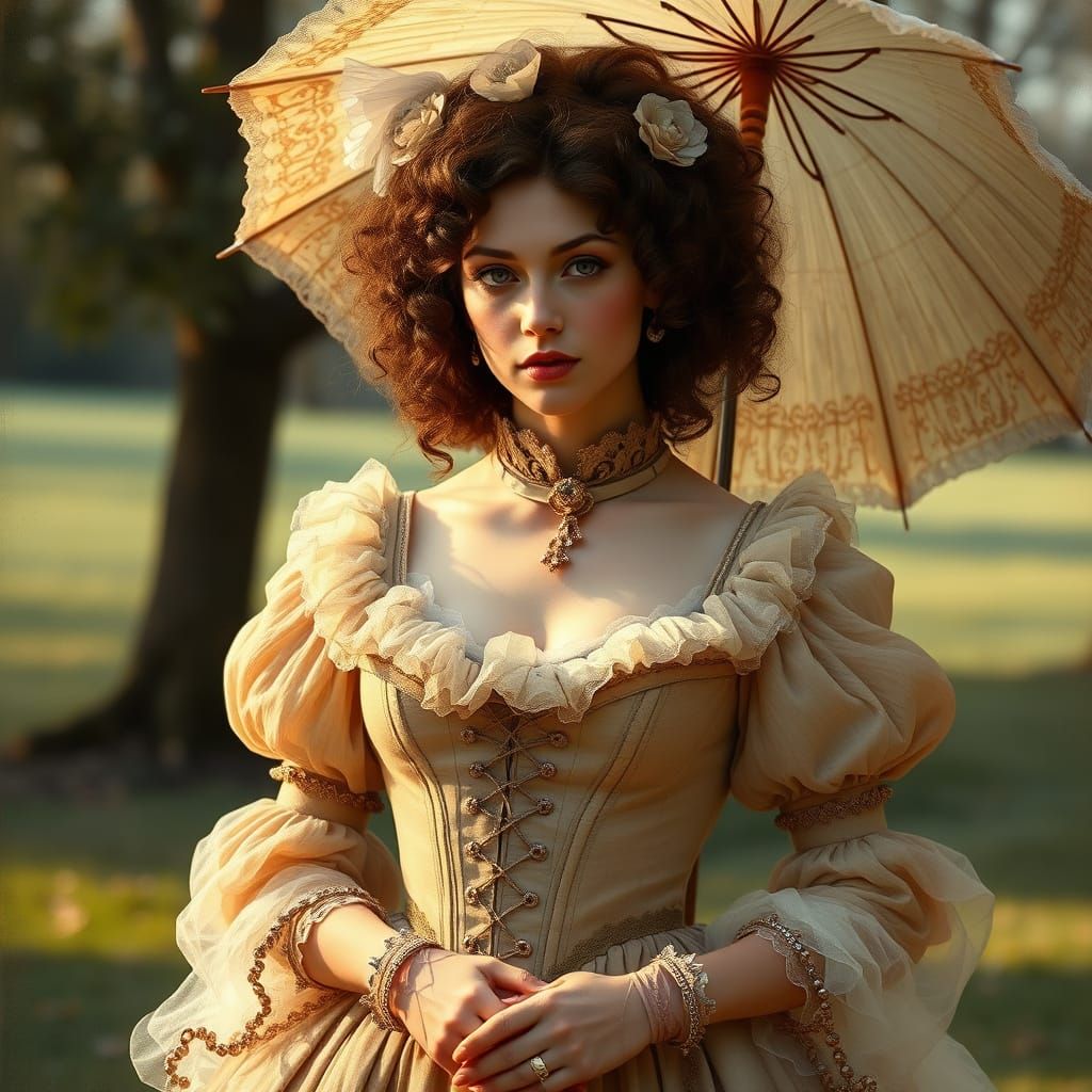 Elegant Lady in 19th-Century Attire with Curly Hair