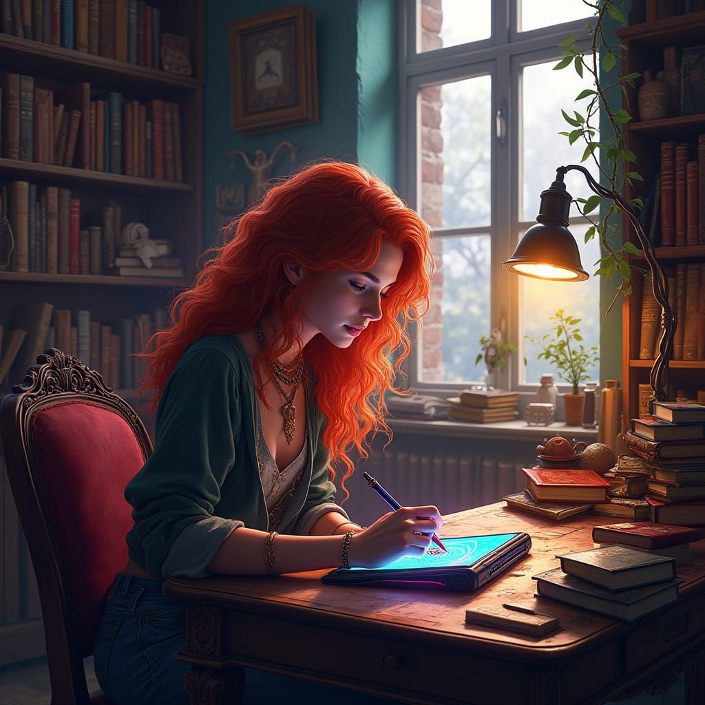 Cosmic Digital Artist in Whimsical Study