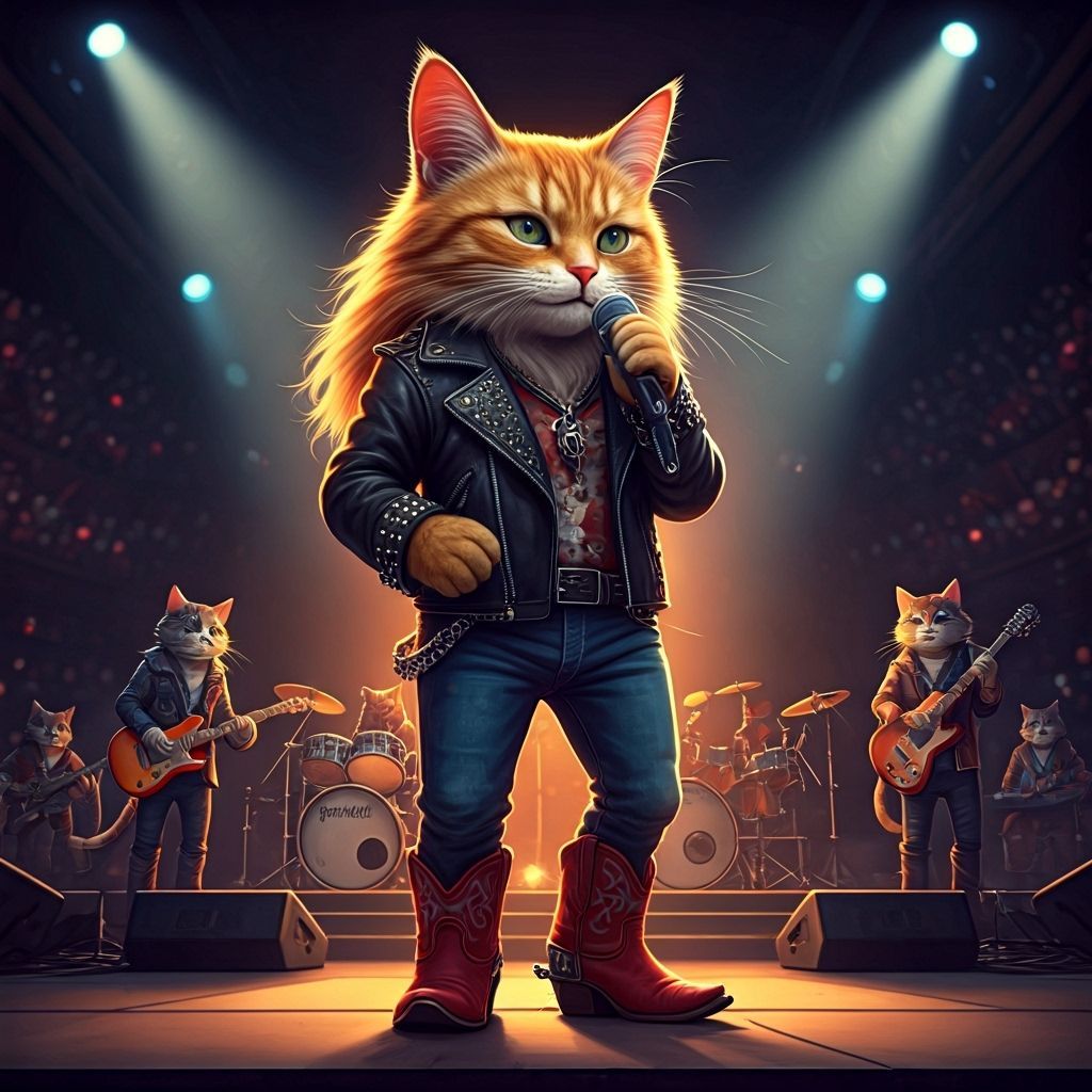 Anthropomorphic Cat Rock Star Sings on Stage
