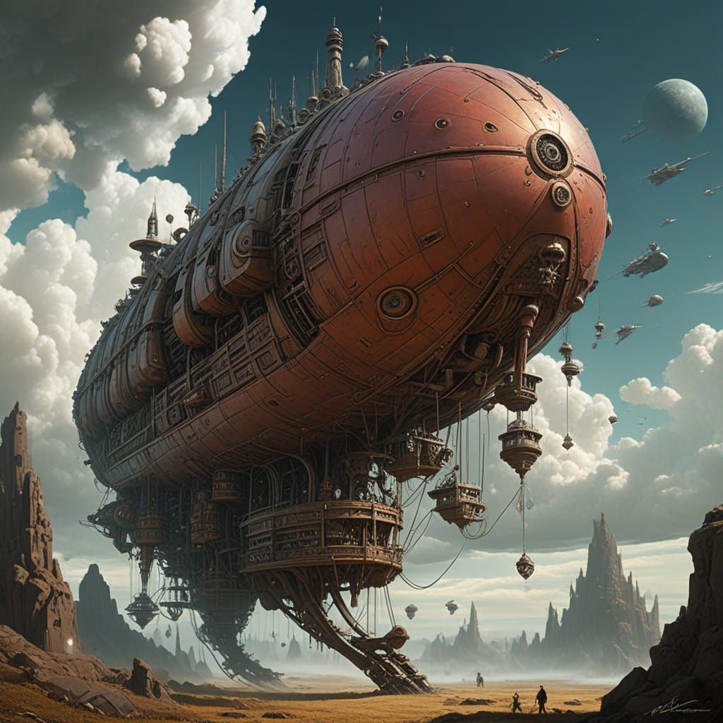Steampunk Airship with Gothic Details in Surreal Sky