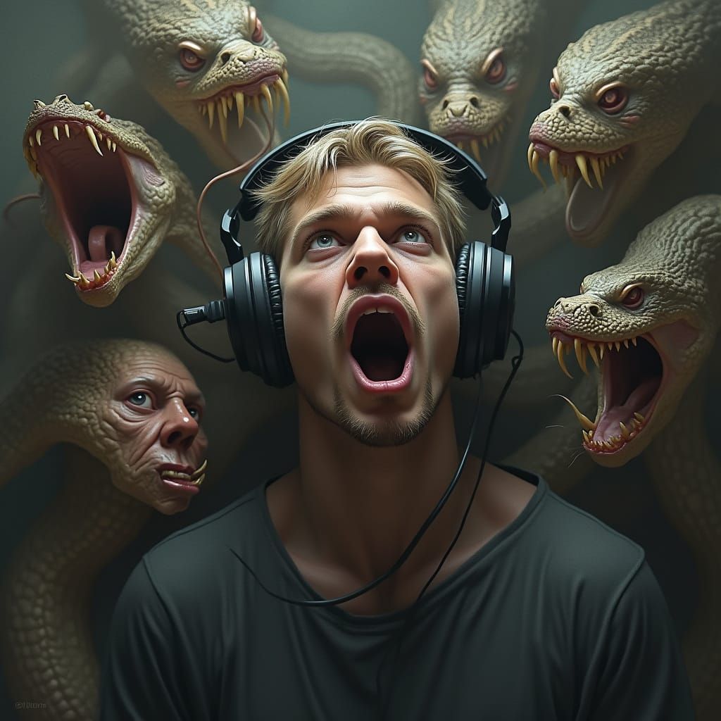 Man Surrounded by Snakes and Screaming Faces in Hyper-Realis...