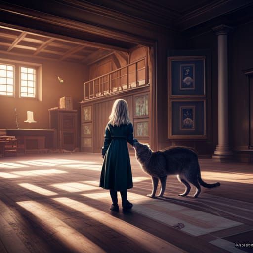 Girl and Cat in School: Fantasy Concept Art