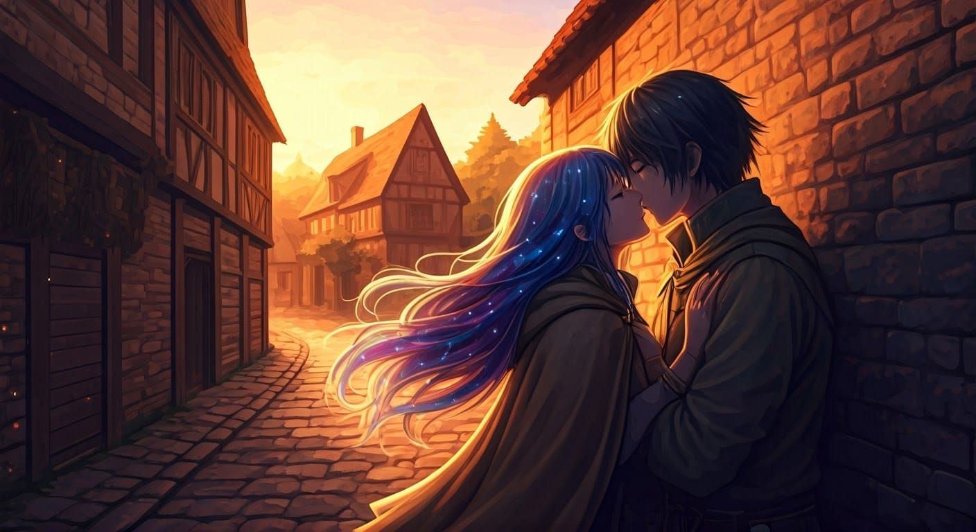 Anime Girl Kisses Partner in Medieval Village, Impressionism